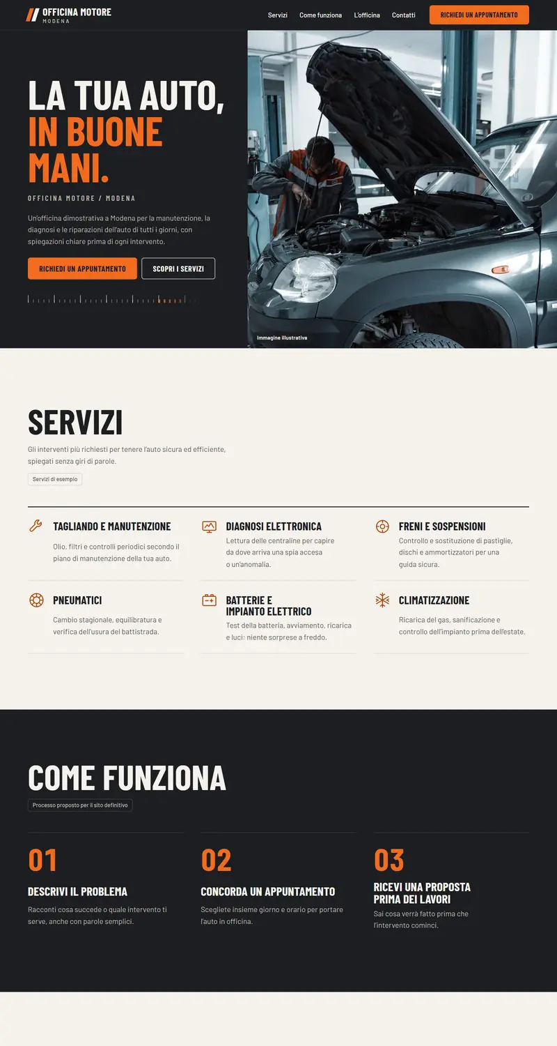 Home del sito dimostrativo di un’autofficina: titolo su fondo scuro, foto di un meccanico al lavoro, griglia dei servizi e percorso in tre passi.