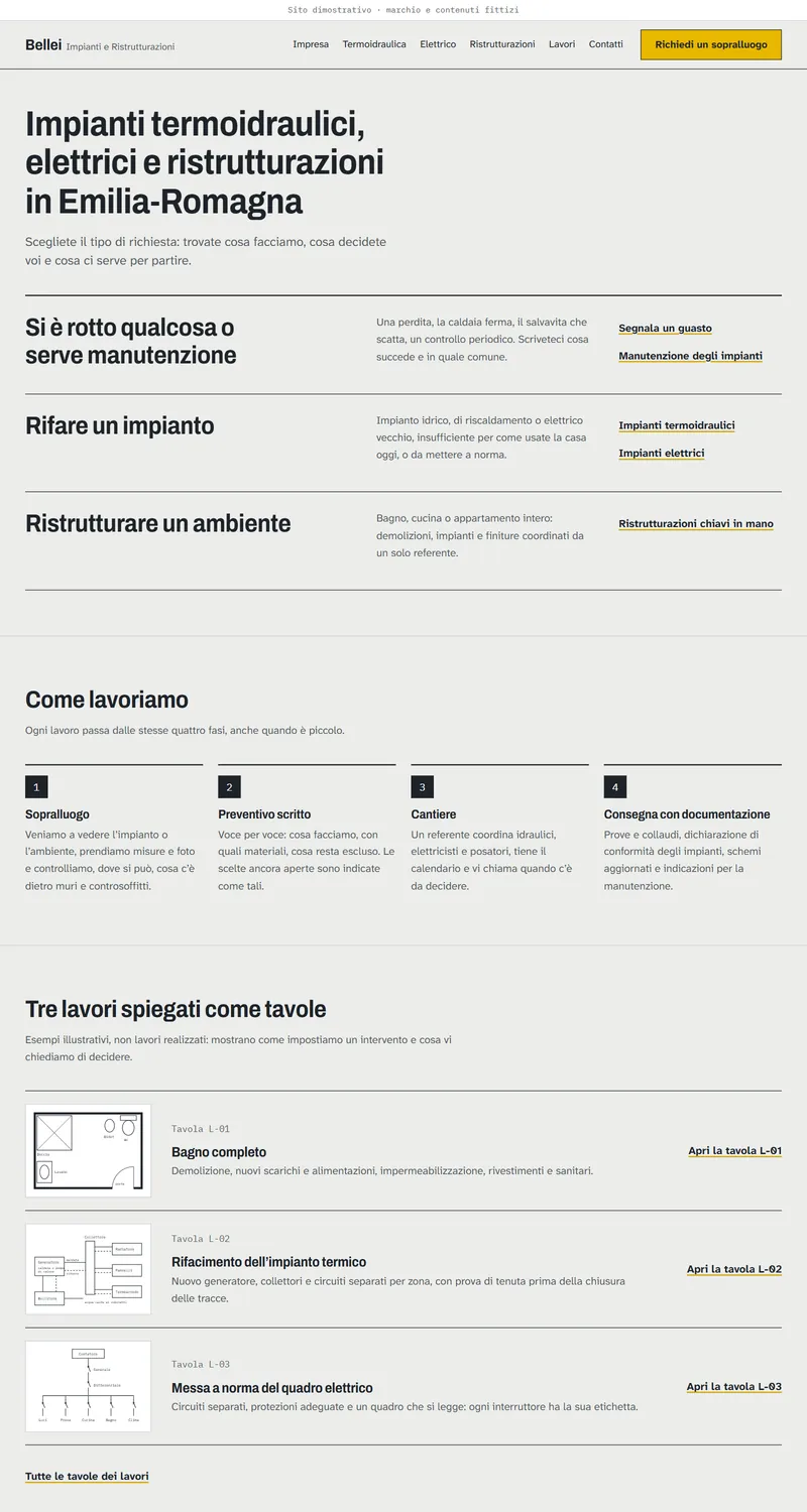 Home del sito dimostrativo di un’impresa di impianti: tre ingressi per tipo di richiesta, sequenza di lavoro e tavole tecniche.