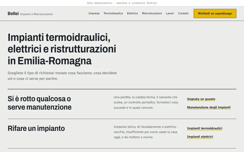 Home del sito dimostrativo di un’impresa di impianti, con tre ingressi per tipo di richiesta.