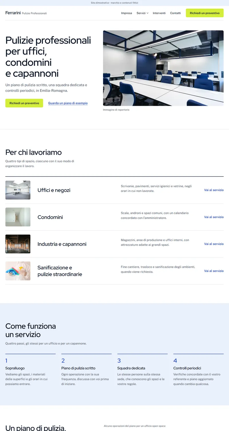 Home del sito dimostrativo di un’impresa di pulizie: titolo, foto di un ufficio, righe dei tipi di cliente e sequenza del servizio.