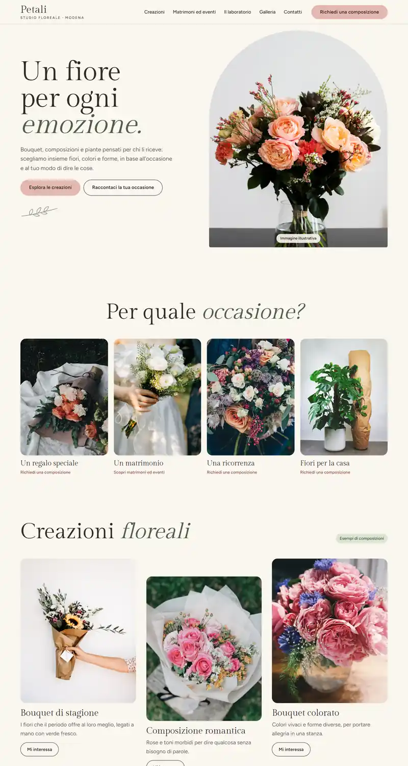 Home del sito dimostrativo di un fiorista: mazzo di fiori in apertura, quattro occasioni con foto e tre creazioni floreali.