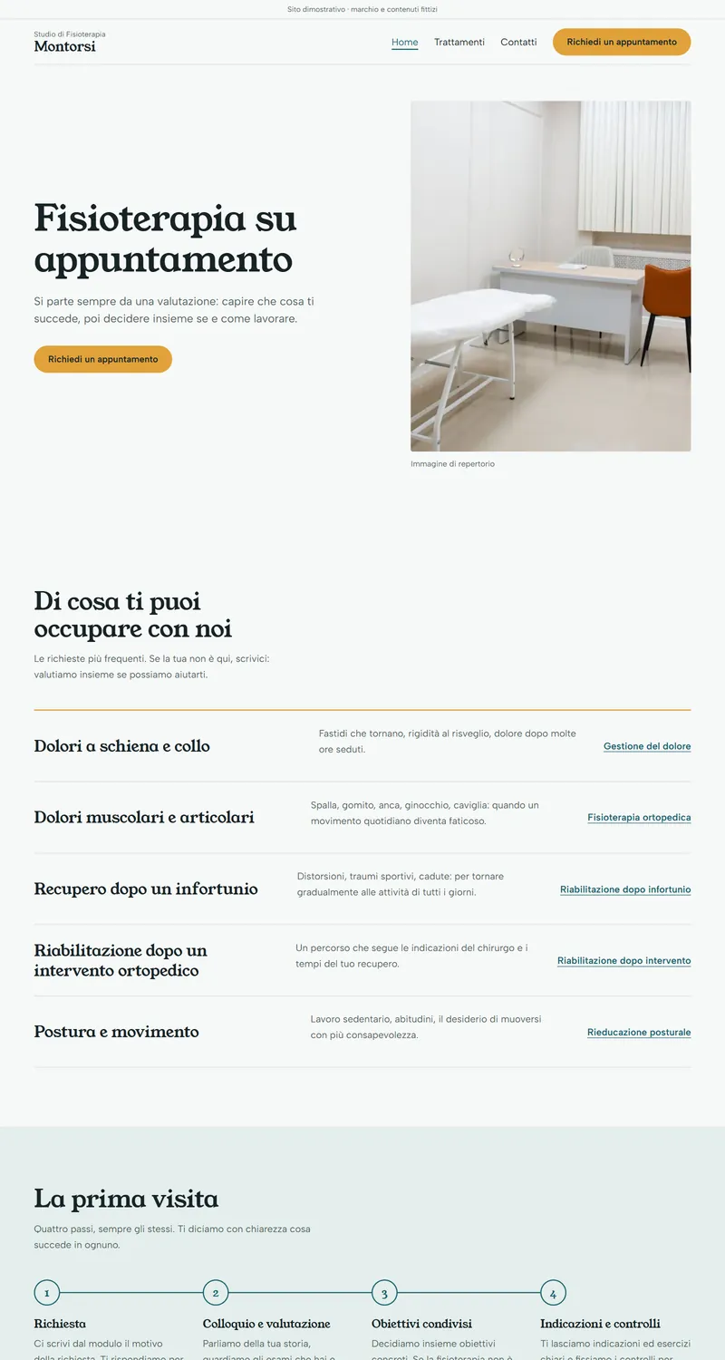 Home del sito dimostrativo di uno studio di fisioterapia: titolo, foto di una stanza, richieste tipiche e percorso della prima visita in quattro passi.