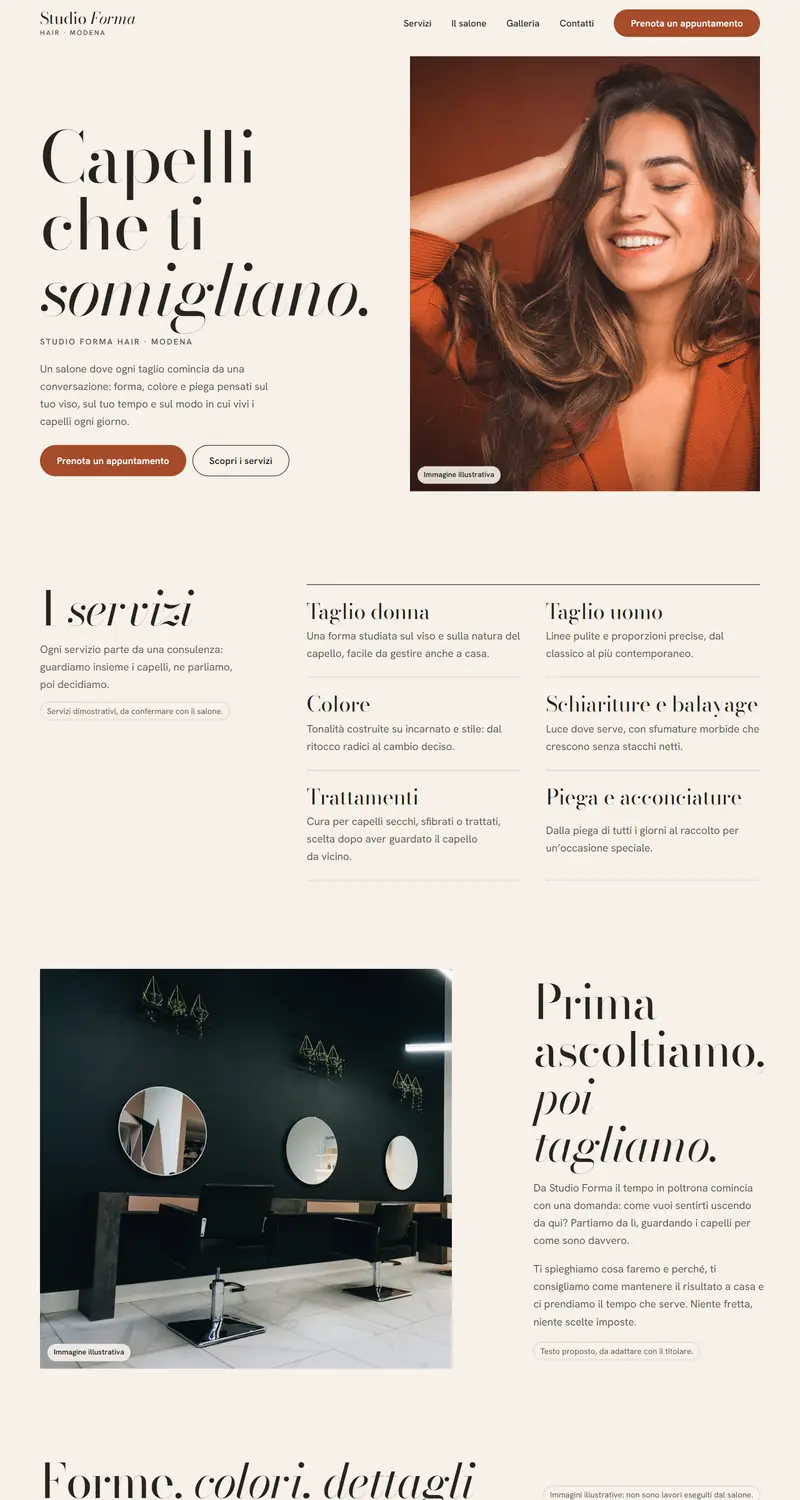 Home del sito dimostrativo di un parrucchiere: titolo con grazie, foto in apertura, elenco dei servizi e foto del salone.