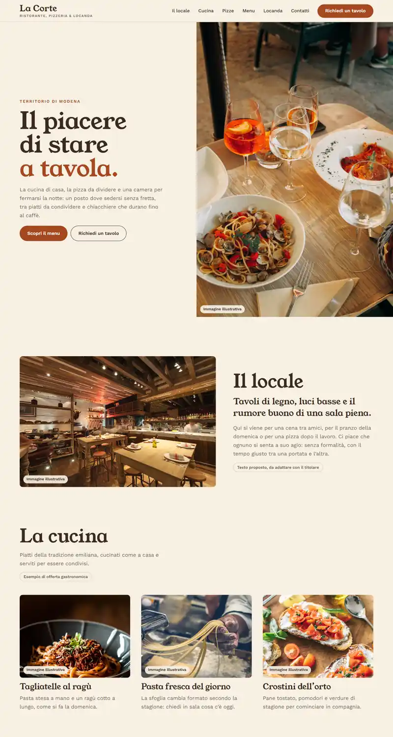 Home del sito dimostrativo di un ristorante: foto di una tavola apparecchiata, la sala del locale e tre piatti della cucina.